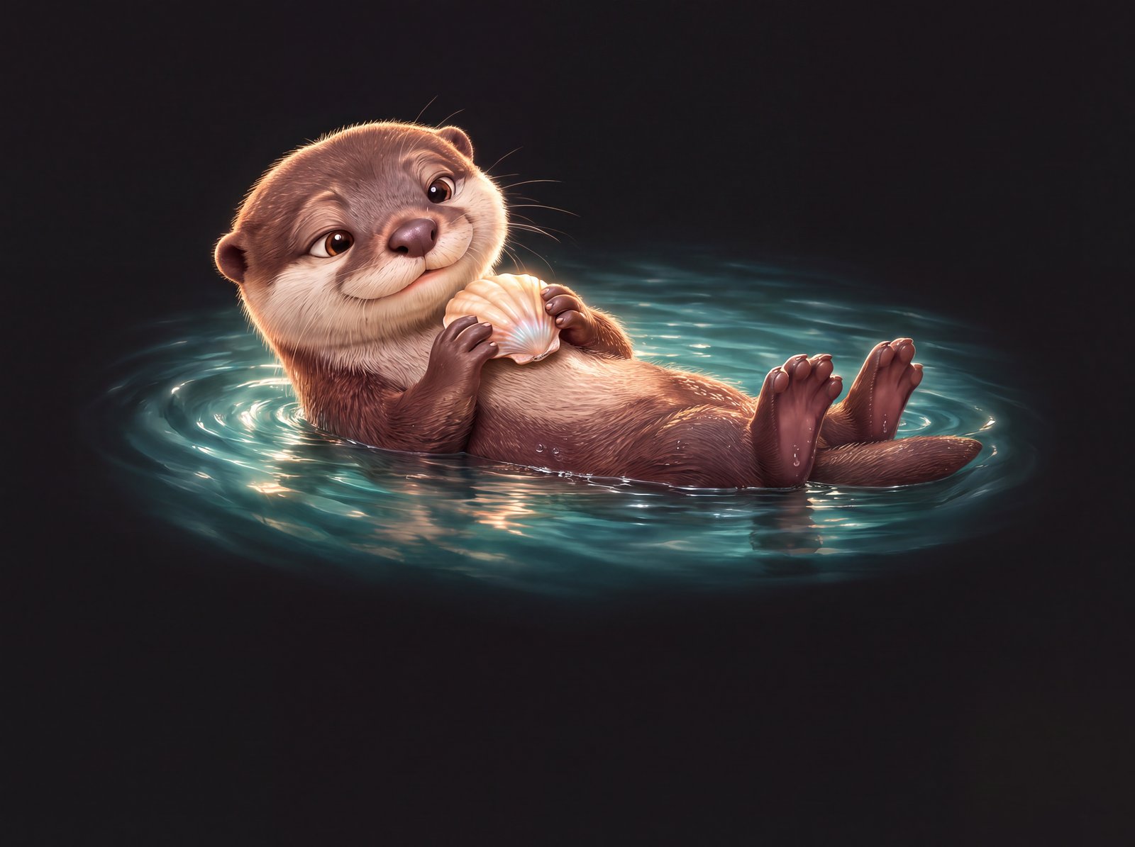 Otter floating on its back in the water, holding a shell